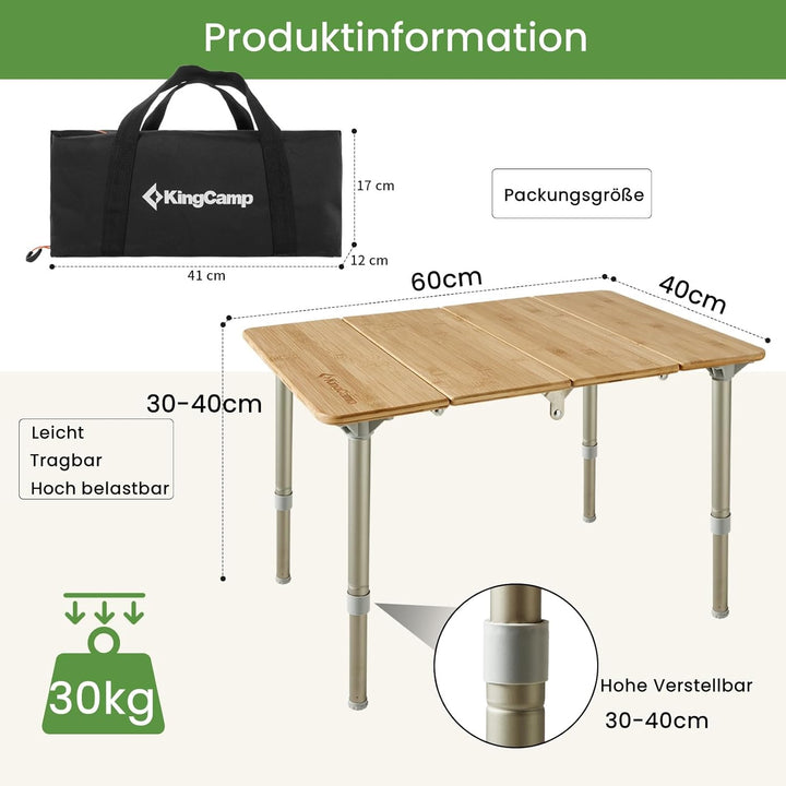 KingCamp Falten Bambus Campingtisch Klapptisch Verstellbare Höhe Aluminiumrahmen für Outdoor Camping