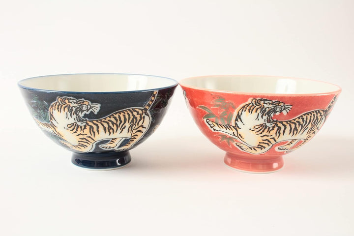 Mino Ware MIG006 Japanische Keramik-Reisschale, brüllender Tiger, Blau und Rot, hergestellt in Japan