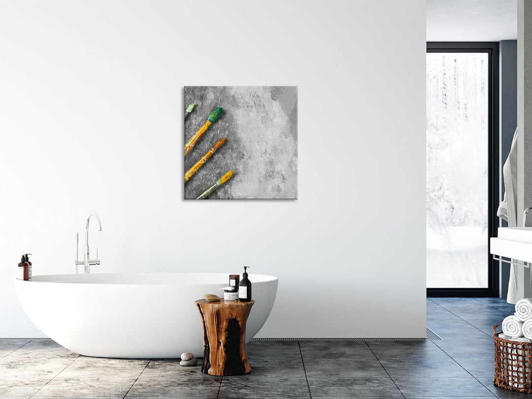 Glasbild | Wandbild auf Echtglas | Gelber Pinsel & Bild | 70x70 cm | inkl. Aufhängung und Abstandsha