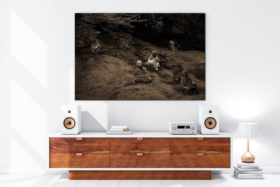 deyoli mit Moos bedeckte Buddha-Statuen Effekt: Sepia, Format: 80x60 als Leinwandbild, Motiv fertig
