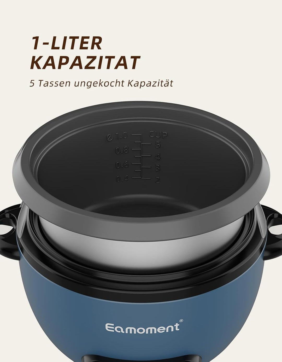 Eamoment ERC-5P07BL 1L | 400W Reiskocher & Schwarzer Dämpfeinsatz Warm & Kochen 1-5 Personen Antihaf