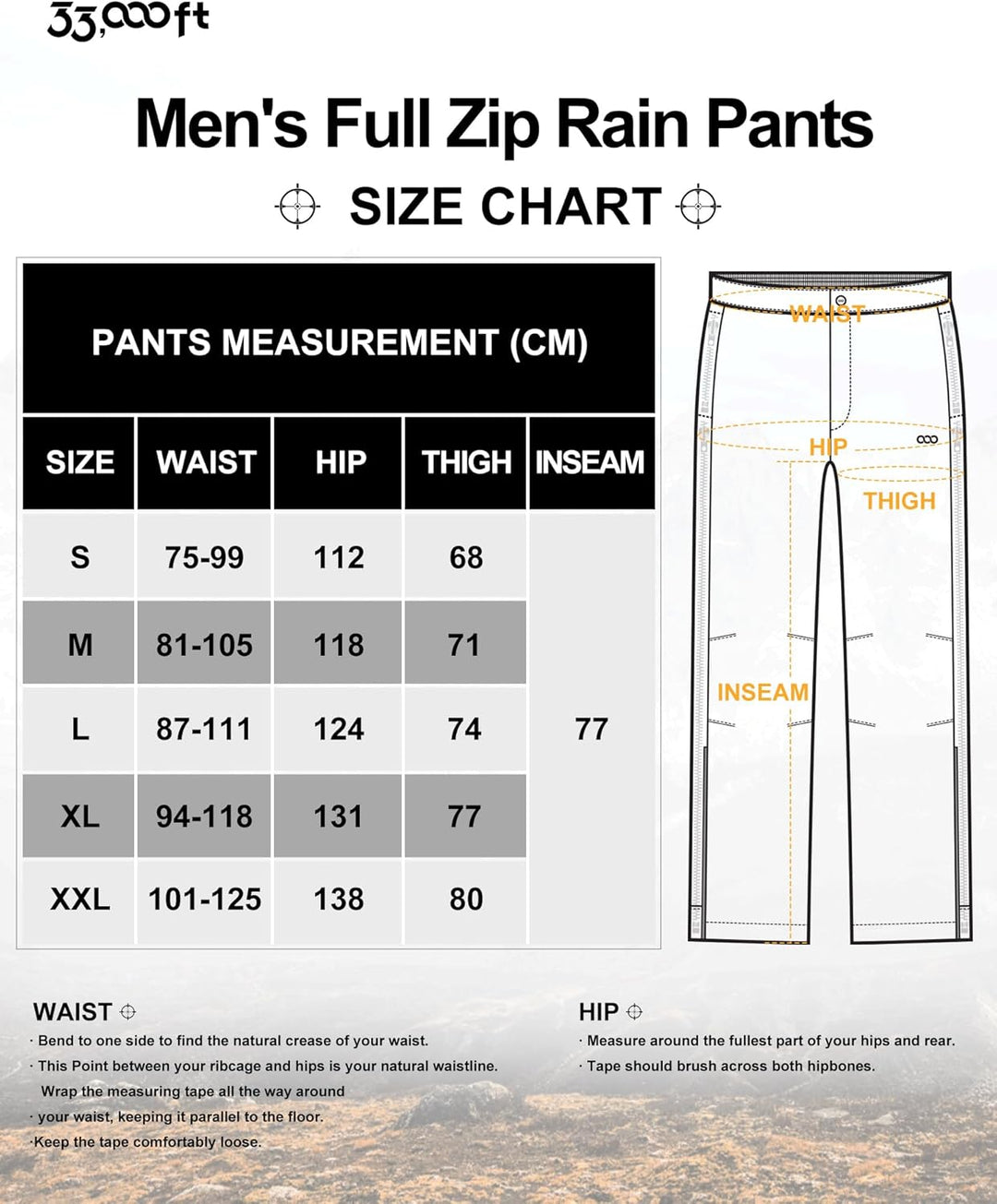 33,000ft Regenhose Herren Wasserdicht Full Zip Wanderhose, Atmungsaktiv 2-Lagen Überziehhose Fahrrad