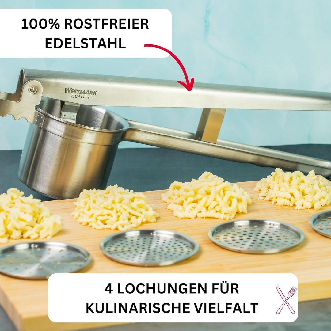 Westmark Spätzle/-Kartoffelpresse, Mit 4 auswechselbaren Lochscheiben, Rostfreier Edelstahl, Quadro,