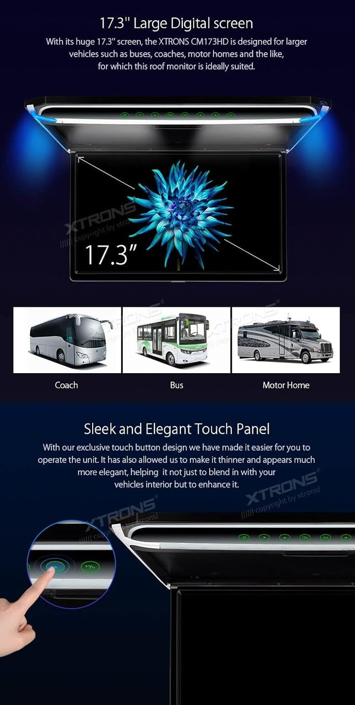 XTRONS 17,3“ Digital TFT FHD 16:9 Bildschirm für Auto Bus unterstützt 1080P Video Auto Overhead Play