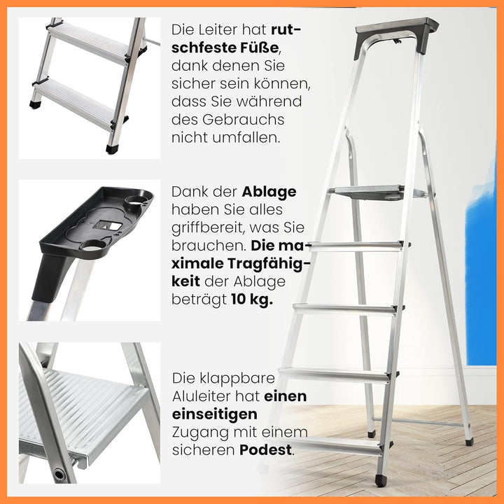 KADAX Aluminiumleiter, Stehleiter bis zu 125 kg, Stufenleiter, Klapptritt für Senioren, Alu-Sicherhe