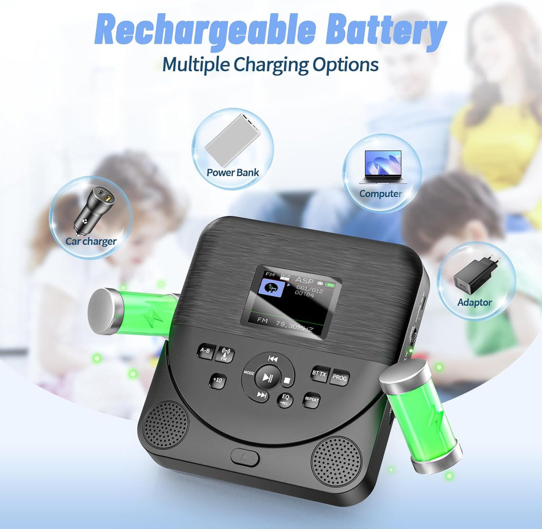CD Player Tragbar, FELEMAN CD Player Bluetooth mit Lautsprechern/Kopfhörern/Display, wiederaufladbar
