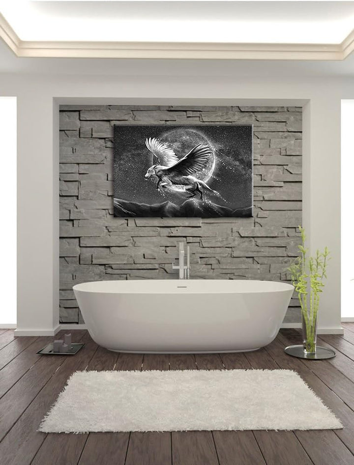 Pixxprint Wolf mit Flügeln Kunst B&W / 100x70cm Leinwandbild bespannt auf Holzrahmen/Wandbild Kunstd