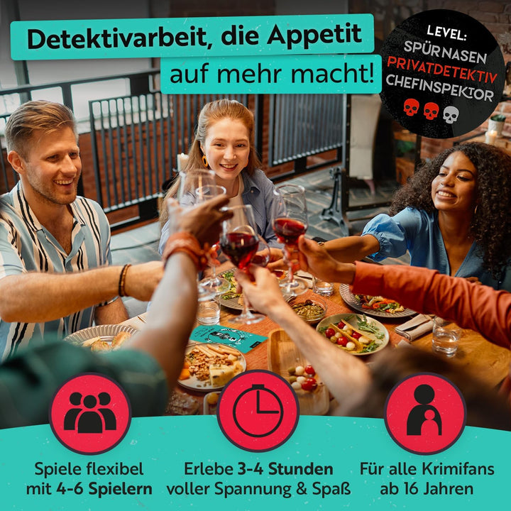 Gourmet Criminelle® Krimidinner für zuhause I 4-6 Personen | Mysteriöser Mordfall Korkenknall mit To
