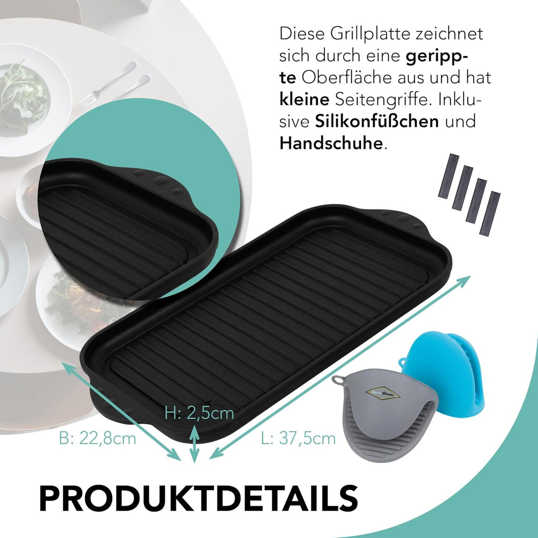 MaxxGoods - Aluminiumguss Grillplatte komplett gerippt - 37,5x22,8x2,5cm - für Induktion & alle gäng