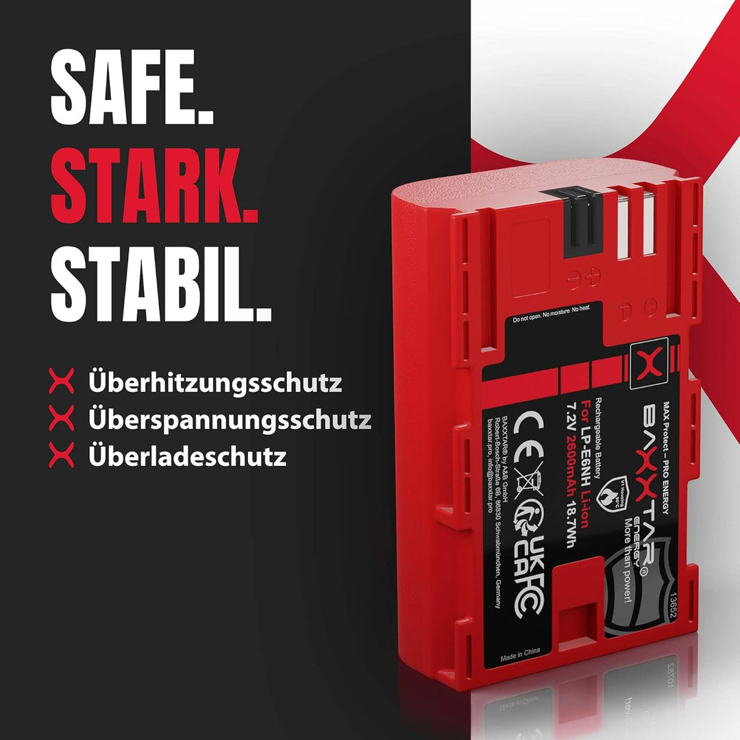 Baxxtar MaxProtect LP-E6NH Kamera-Akku (2400mAh) mit aktivem NTC-Sensor und V1 Schutzgehäuse - kompa
