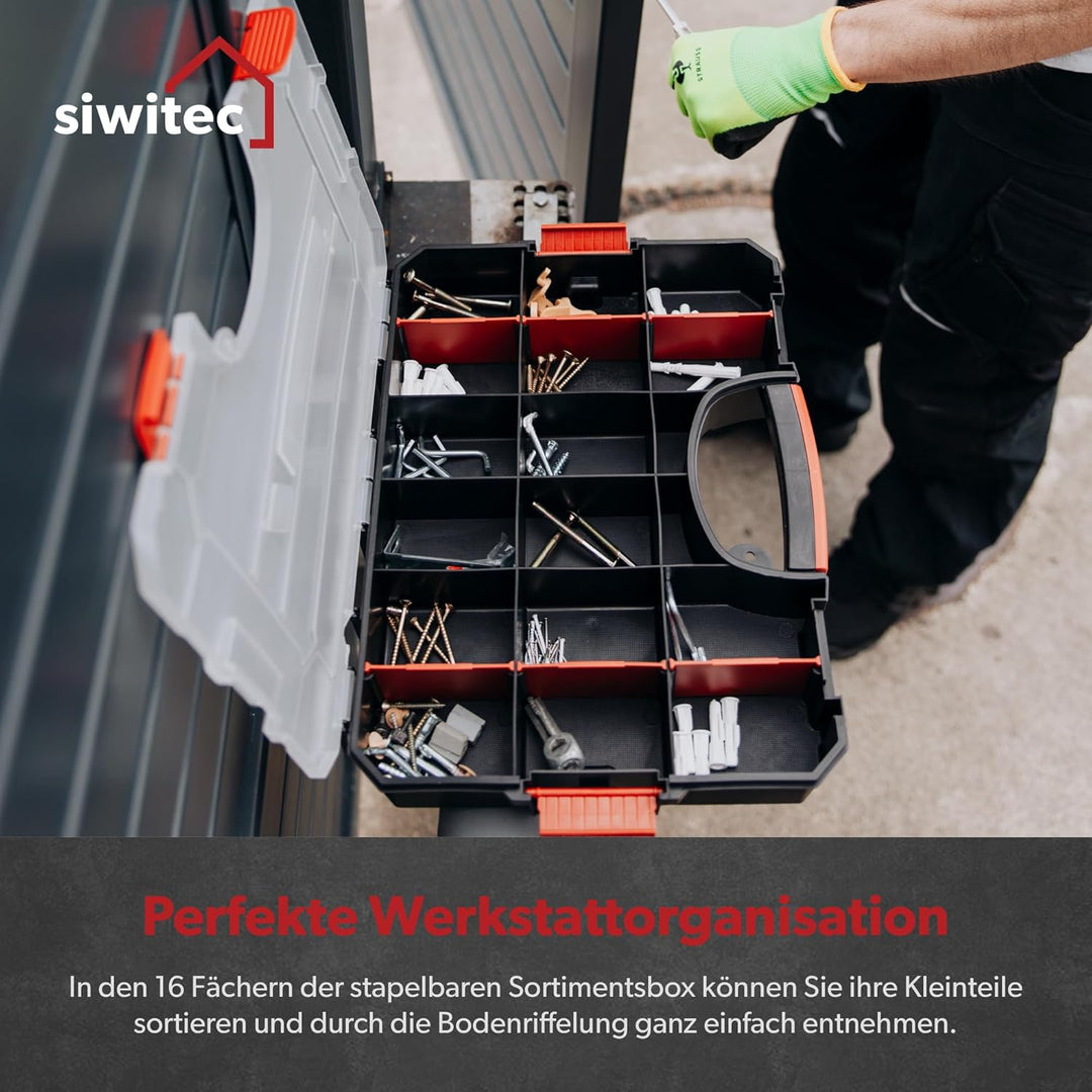 1 x siwitec Sortimentskasten, 16 Fächer und 6 anpassbare Trennstege, Sortimentsbox für Kleinteile, s