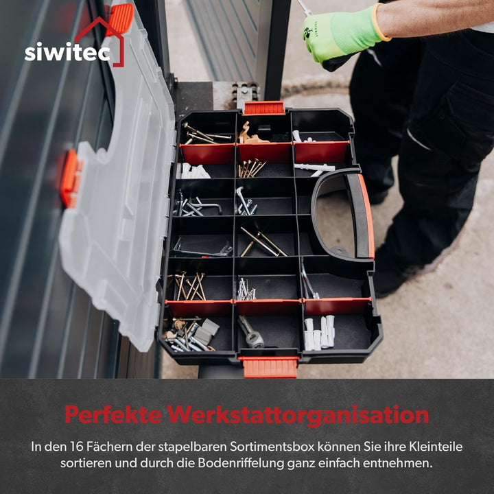 1 x siwitec Sortimentskasten, 16 Fächer und 6 anpassbare Trennstege, Sortimentsbox für Kleinteile, s