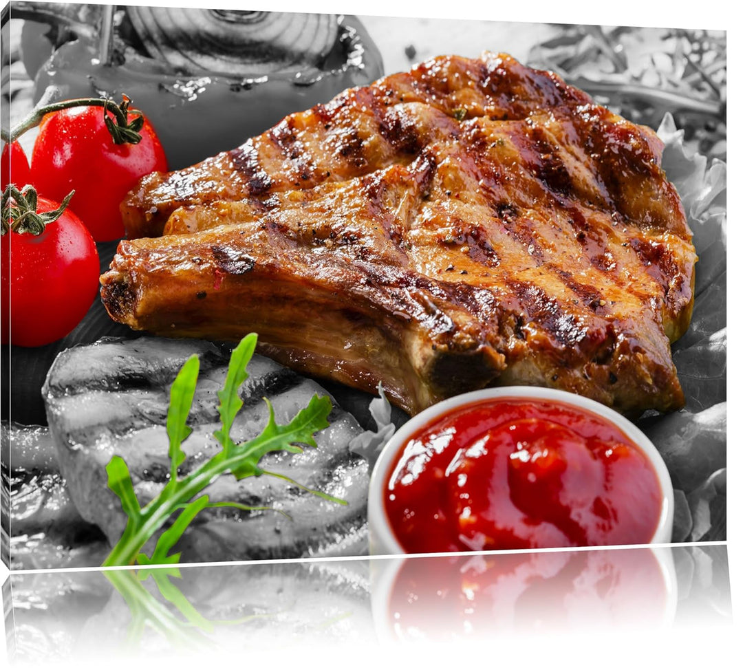 Saftiges Steak mit Grillkäse schwarz/weiss Format: 100x70 cm auf Leinwand, XXL riesige Bilder fertig