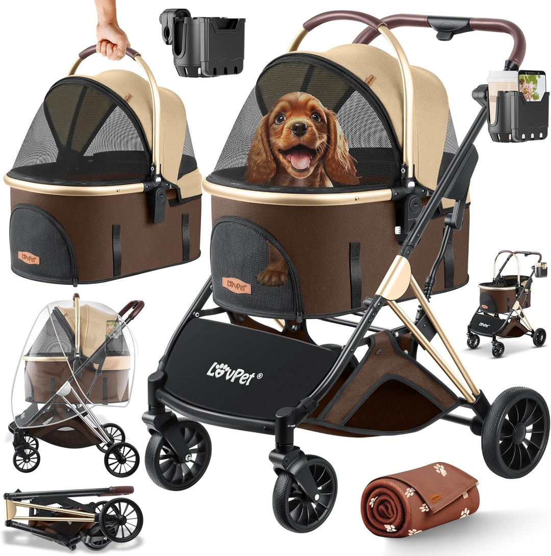 LOVPETยฎ Hundewagen 3in1 Hundebuggy Hundebox Transporttasche 360ยฐ Grosse Rรคder Faltbar klappbar Haust