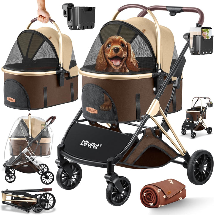 LOVPETยฎ Hundewagen 3in1 Hundebuggy Hundebox Transporttasche 360ยฐ Grosse Rรคder Faltbar klappbar Haust