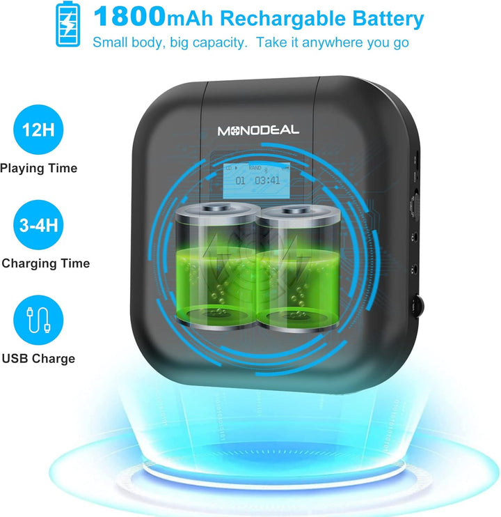 CD Player Tragbar, MONODEAL Tragbarer Bluetooth, Wiederaufladbar mit Lautsprecher und FM Transmitter
