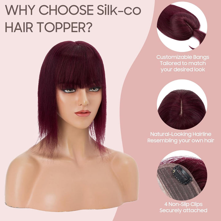 Silk-co Hair Topper Echthaar mit langem Pony, Toupet Damen 10x12cm Basis, Haartopper Echthaar mit Re