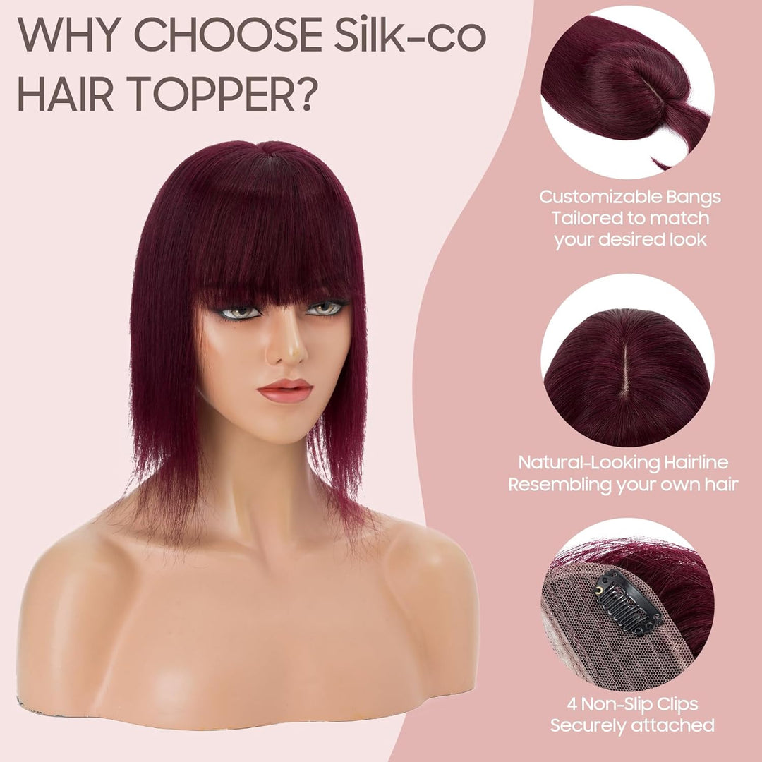 Silk-co Hair Topper Echthaar mit langem Pony, Toupet Damen 10x12cm Basis, Haartopper Echthaar mit Re