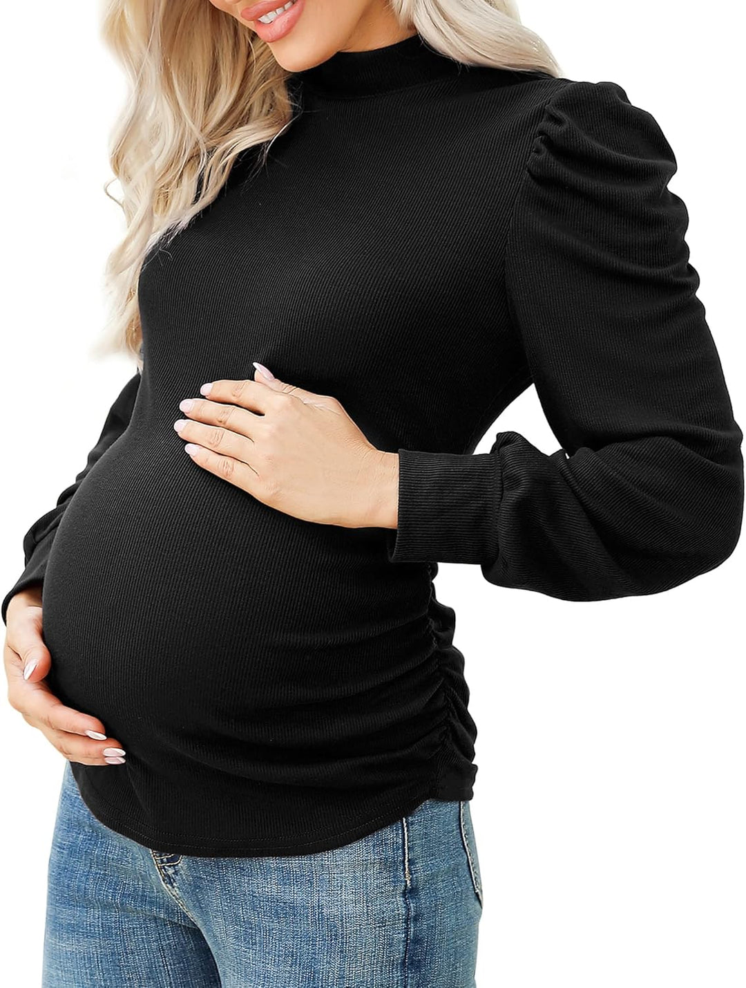 KOJOOIN Damen Umstandsshirt mit Streifen Kurzarm Umstandsbluse Rollkragen Umstandsmode mit Seite Ger