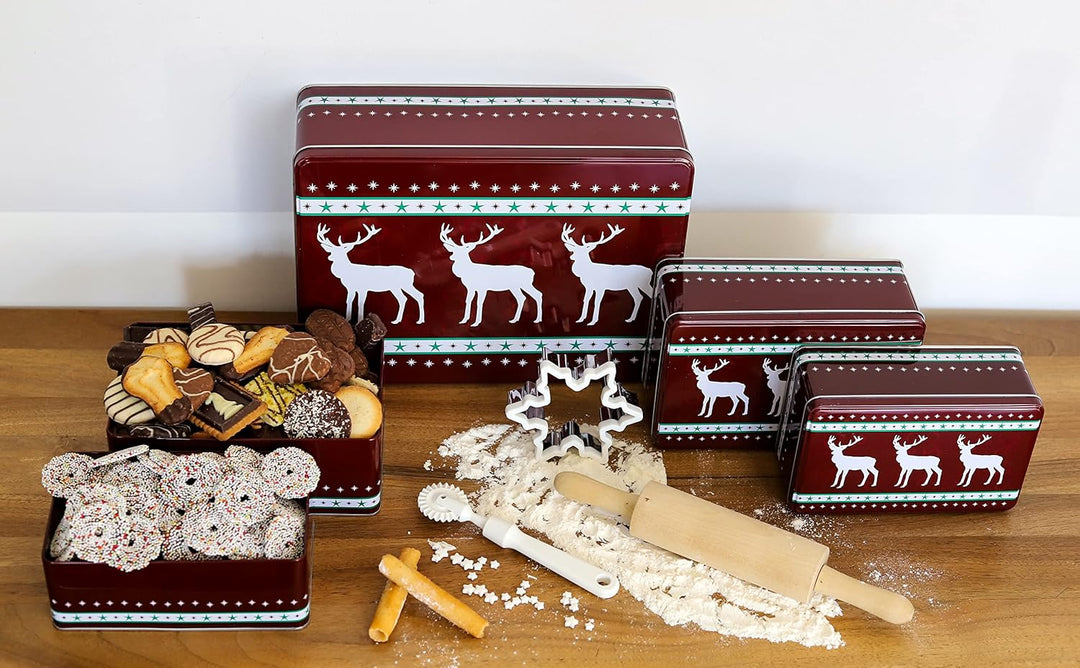 Brandsseller 5er Set Keksdose rechteckig Weihnachtsdose Plätzchendose Gebäckdose Metall Rentier 5er