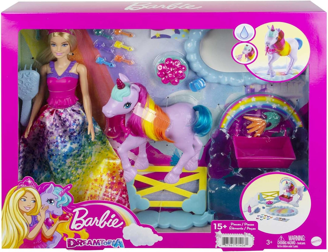 Barbie Dreamtopia Barbie-Puppe und Einhorn-Spielset, 1x Barbie-Puppe, 1x Einhorn, 15+ Barbie-Accesso
