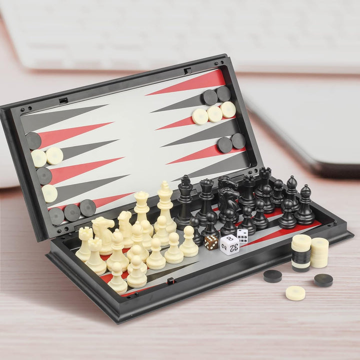 Andux Faltbares magnetisches DREI-in-einem-Brettspiel-Set, Schach, Backgammon, Dame CXYXQ-02 (L) L:3