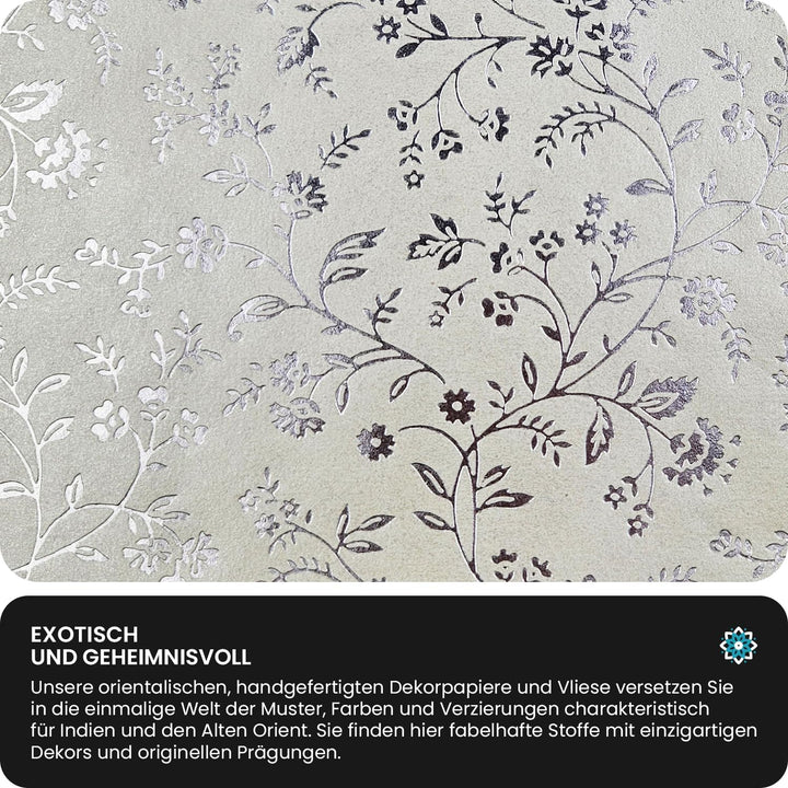 Netuno 50 Blatt Perlmutt-Ecru Dekorpapier mit Blumenmotiv in Silber, 180x250mm,150g Effektkarton han