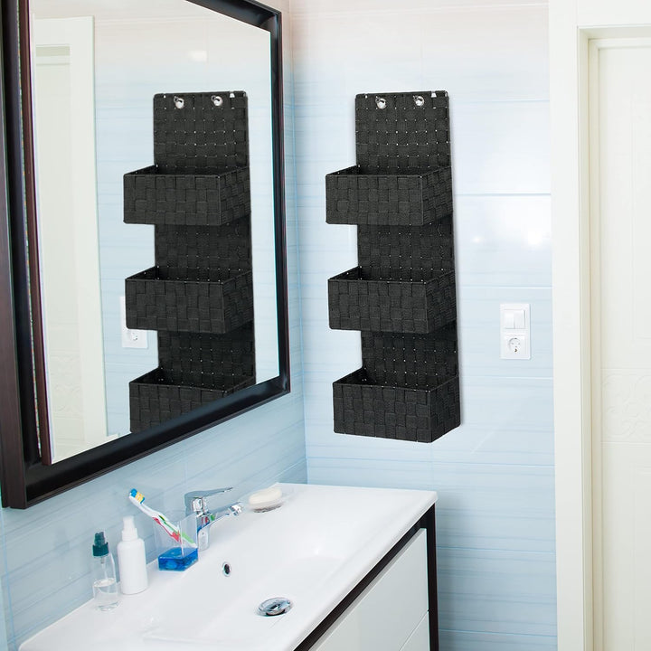 Relaxdays Hängeorganizer Stoff, Türorganizer mit 3 Aufbewahrungskörben, Wandorganizer Bad, PP, HBT: