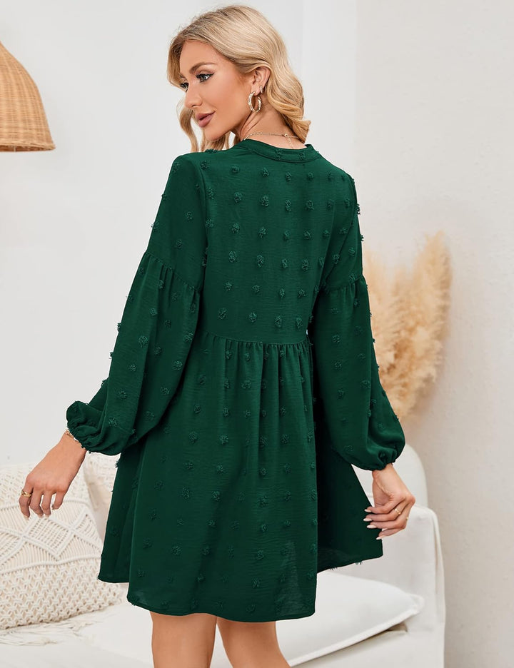 KOJOOIN Damen Tunika Kleid Langarm Swing Kleid kurz V-Ausschnitt Knopfleiste Blusenkleid Swiss Dot C