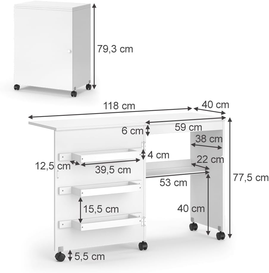 Vicco Nähtisch Carmen, Nähmaschinenschrank, Weiss, 118.5 x 79.5 cm mit 3 Regalen Weiss 118 cm, Wei&#