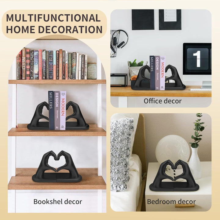 Schwarz Buchstützen Set aus Resin - Herz & Hände Skulptur als Buchstütze, dekorative Bookends für Bü