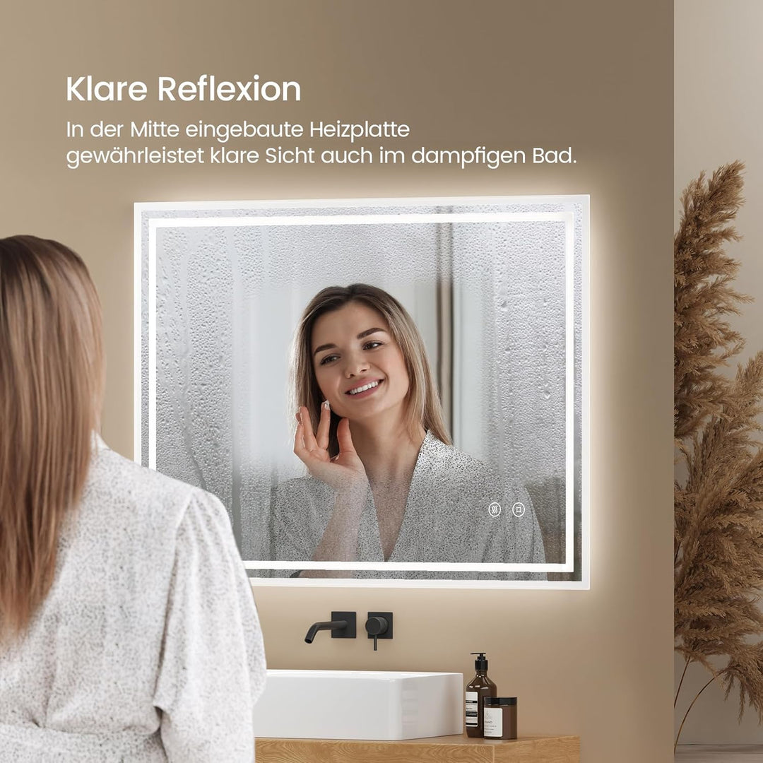 EMKE LED Badspiegel 90x70cm Badezimmerspiegel mit Beleuchtung kaltweiss Lichtspiegel Wandspiegel mit
