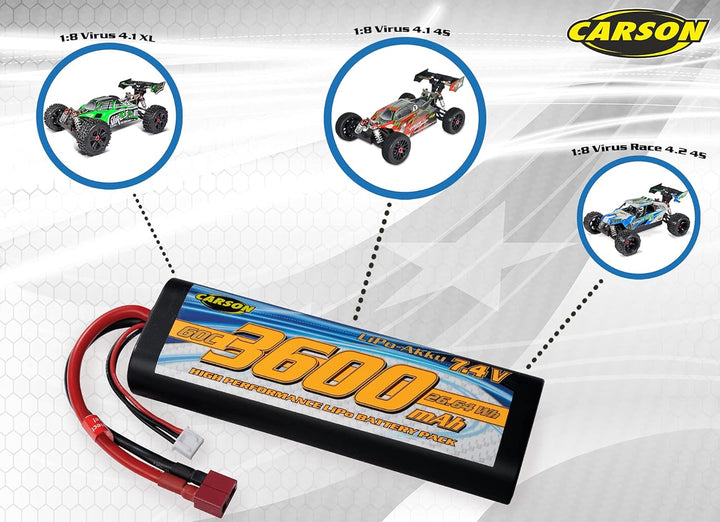 Carson 500608231-7,4V/3600mAh 60C LiPO Ra.Akku T-Pl. HC R, wiederaufladbar, Anschlusskabel mit T-Plu