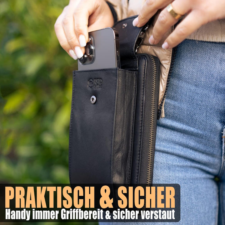 FLEXIBILITE® Handytasche zum Umhängen aus echtem Leder I EXTRA leicht 220 g mit RFID I Handy Portemo