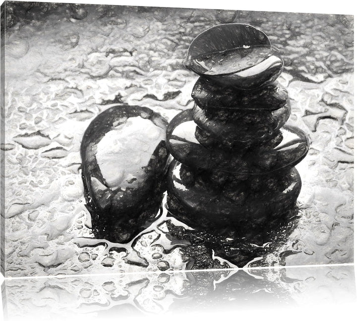 Pixxprint Zensteinturm im Regen als Leinwandbild/Grösse: 100x70 cm/Wandbild/Kunstdruck/fertig bespan