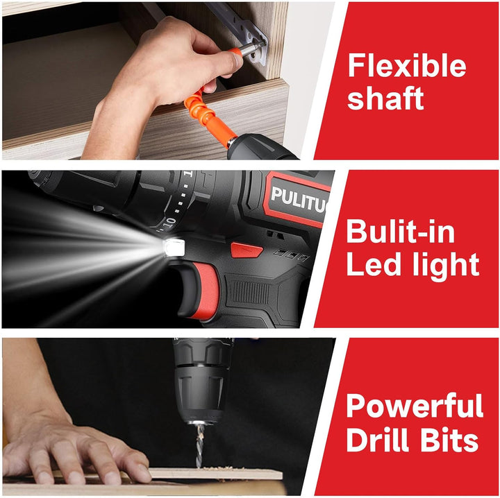 Akku-Schlagbohrmaschine 12 V, PULITUO schlagbohrschrauber set, Akkuschrauber mit 3/8" Metallfutter,