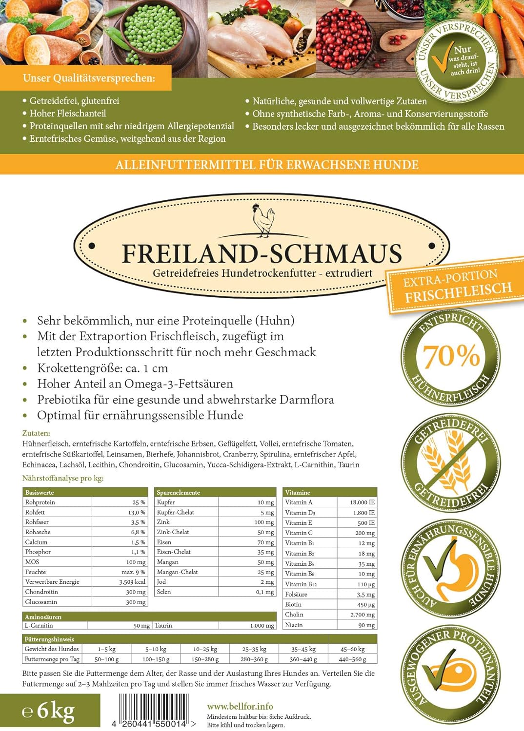 Bellfor Freiland-Schmaus Trockenfutter mit Huhn Getreidefrei Optimal für ernährungssensible Hunde Ho