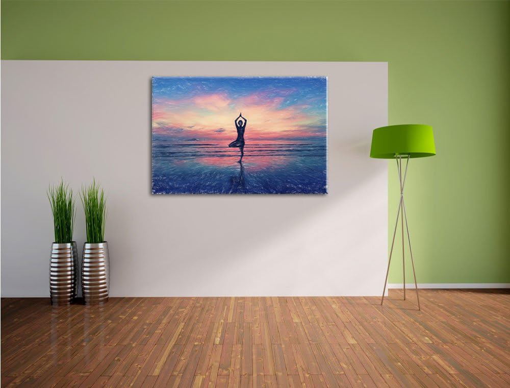 Pixxprint Yoga am Strand / 100x70cm Leinwandbild bespannt auf Holzrahmen/Wandbild Kunstdruck Dekorat