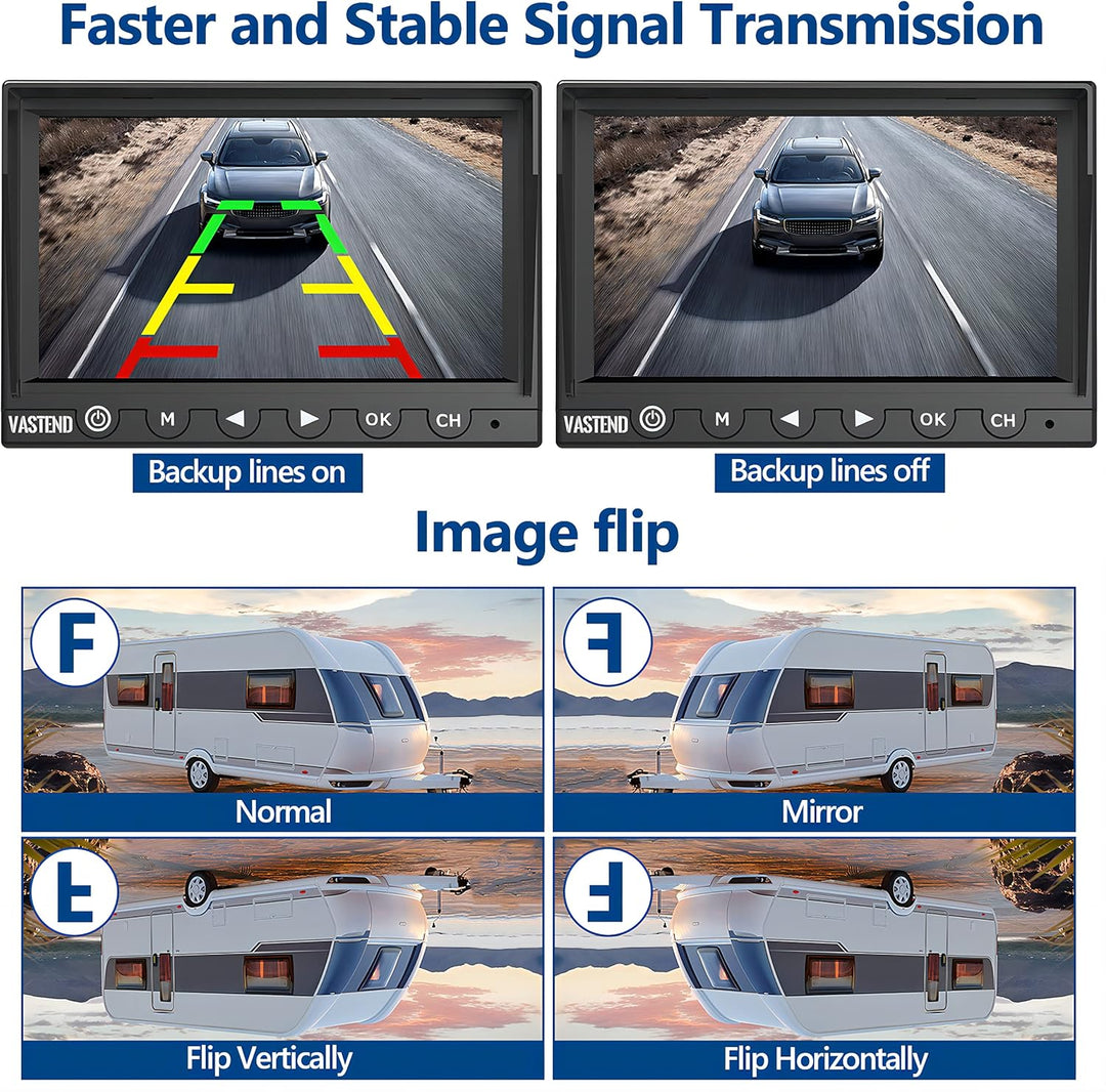 VASTEND V01 Kabellos Rückfahrkamera Set HD 1080P 7'' Monitor & IP69 wasserdichte Backup Kamera Stabi