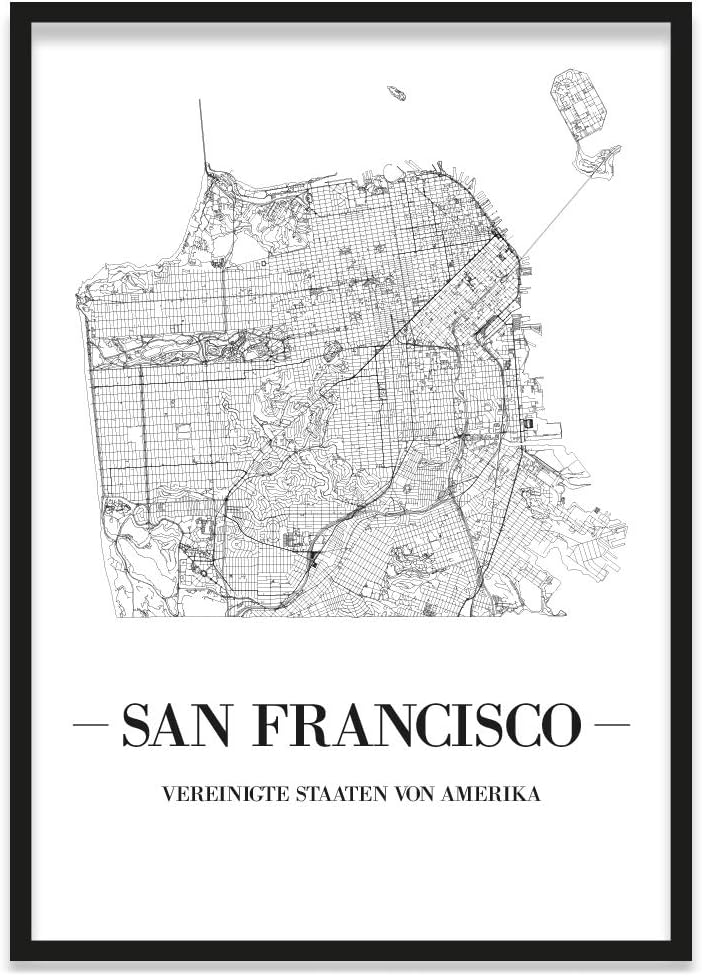 JUNIWORDS Stadtposter, San Francisco, Wähle eine Grösse, 21 x 30 cm, Poster mit Rahmen, Schrift A, W