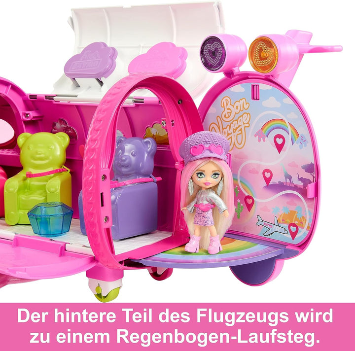 BARBIE Extra Fly - Luxuriöses pinkes Flugzeug mit Mini Puppe und 15 Zubehörteilen, herzförmigen Fens