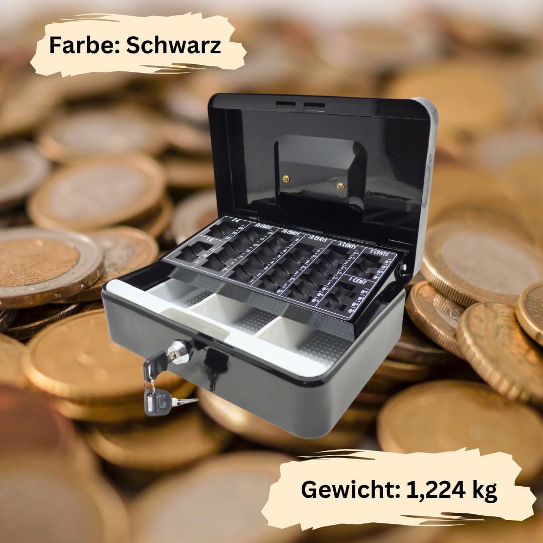 Geldkassette aus Metall - Schwarz mit Münzeinsatz - 250 x 180 x 90 mm, Schwarz