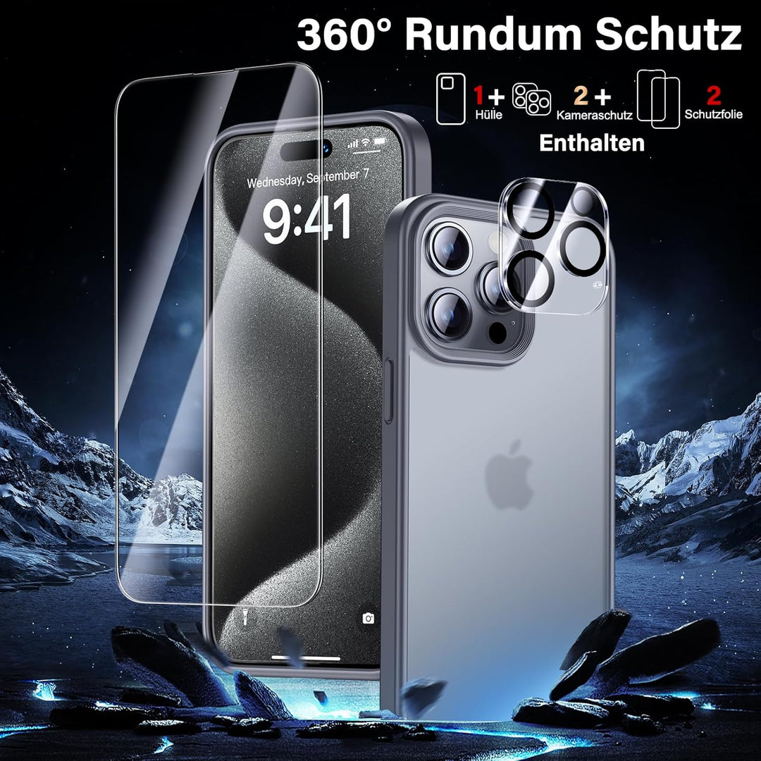 UniqueMe für iPhone 15 Pro Hülle, 5-in-1-Set Handyhülle für iPhone 15 Pro Case Rundumschutz Schutzhü