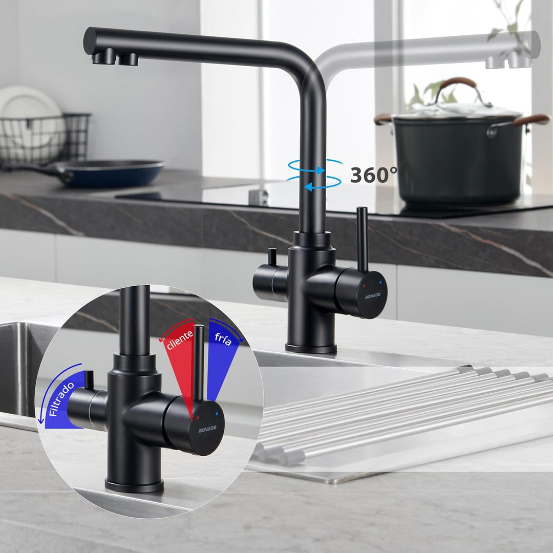 BONADE 3 Wege Wasserhahn Schwarz Matt, 360° Drehbar Küchenarmatur Trinkwasserhahn mit 2 Hebel, Misch