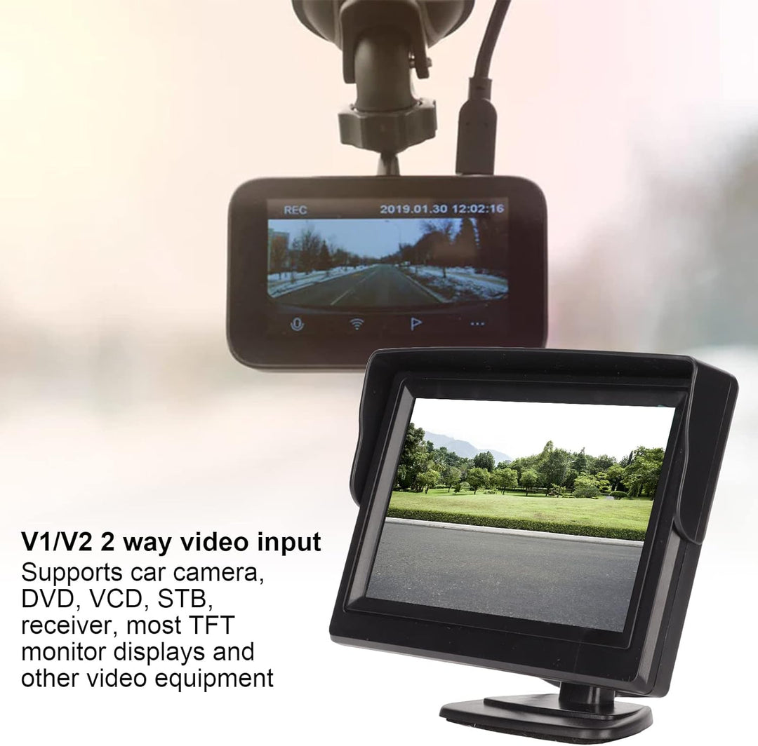Goshyda 4,3-Zoll-Automonitor, Farb-LCD-Rückfahrmonitor mit Sonnenblende, Unterstützt Autokamera, DVD