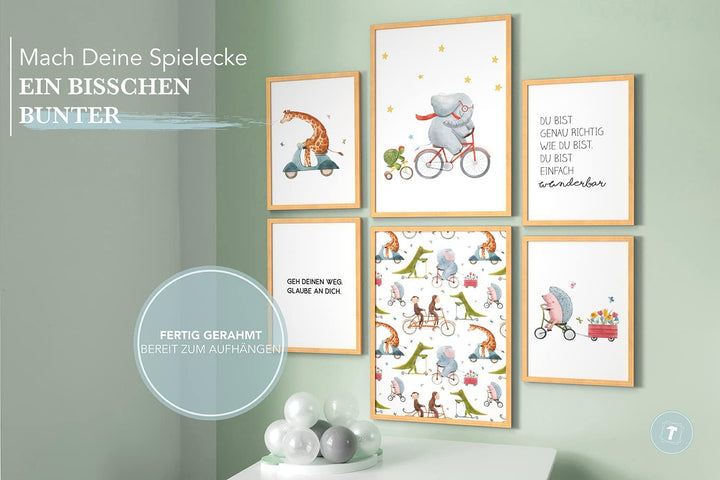 Papierschmiede® Bilder Kinderzimmer Kids Mood Poster Set Fahrrad Tiere, Gerahmte Bilder fürs Kinderz