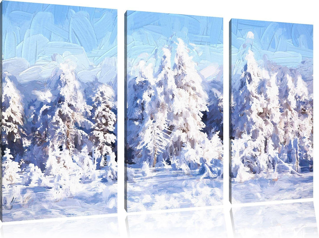 Pixxprint Winterwald Pinsel Effekt 3-Teiler Leinwandbild 120x80 Bild auf Leinwand