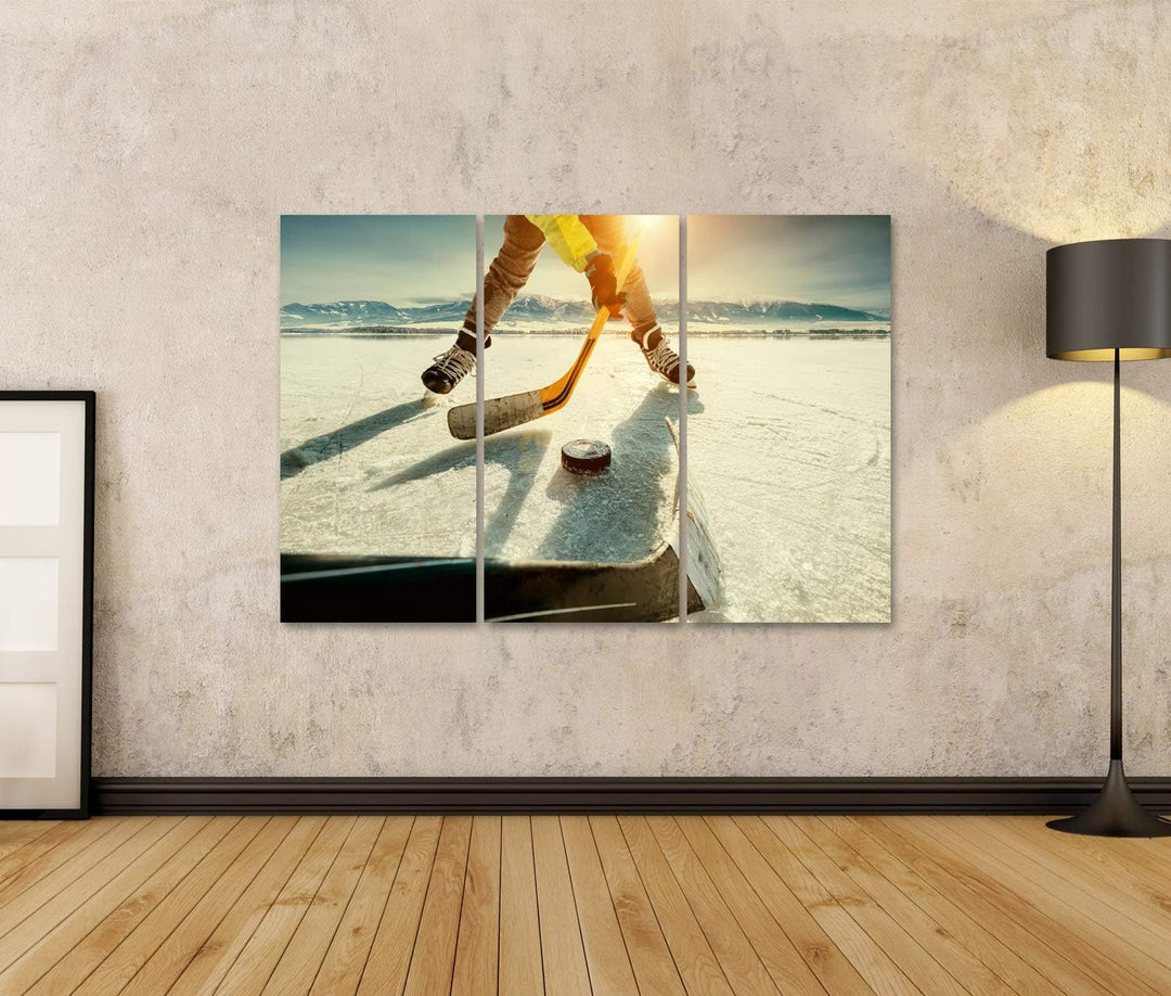 islandburner Bild auf Leinwand Eishockey Spiel Moment Gefrorener See Bilder Wandbilder Poster Leinwa