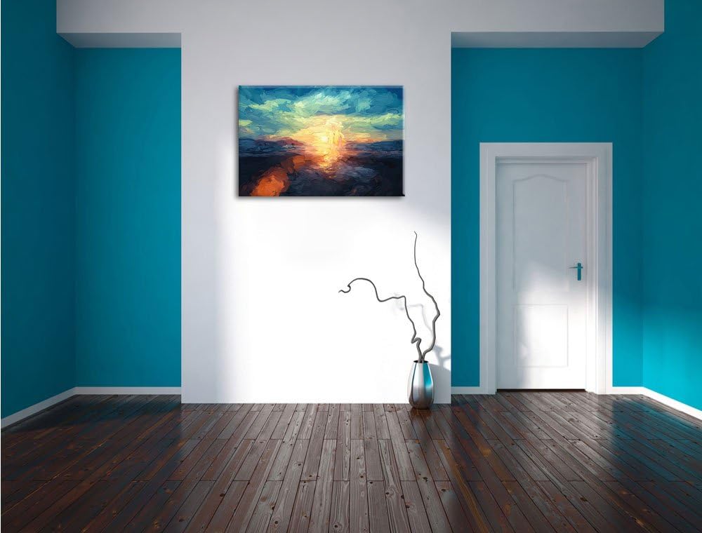 Pixxprint Yoga Silhouette bei Sonnenuntergang am Strand Kunst Pinsel Effekt, Format: 100x70 auf Lein