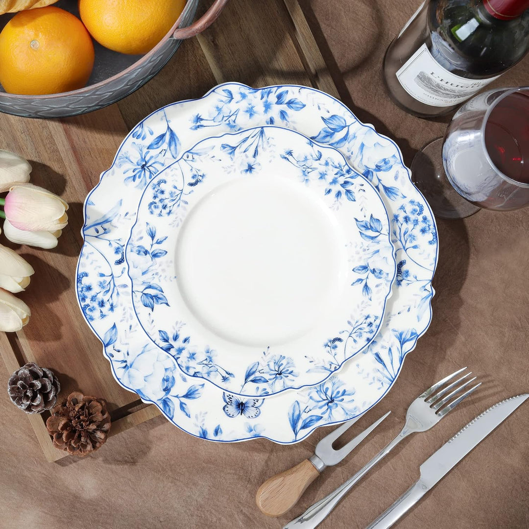 fanquare Keramik Teller 4-er Set, Runde Speiseteller Porzellan Blaues Blumen Muster, Geschirr Teller